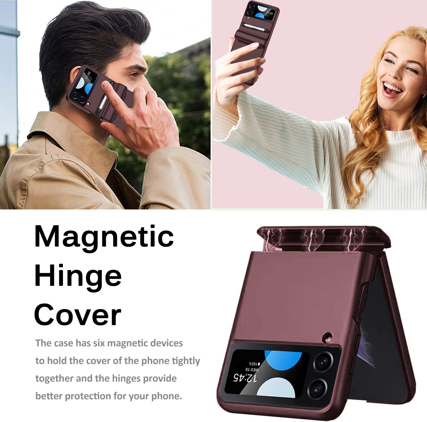 Miimall Compatible for Samsung Galaxy Z Flip 4 Case with S Pen, All-Inclusive Magnetic Hinge Protection + Tempered Glass Screen Protector Case for Samsung Galaxy Z Flip 4 5G 2022 (Wine Red)