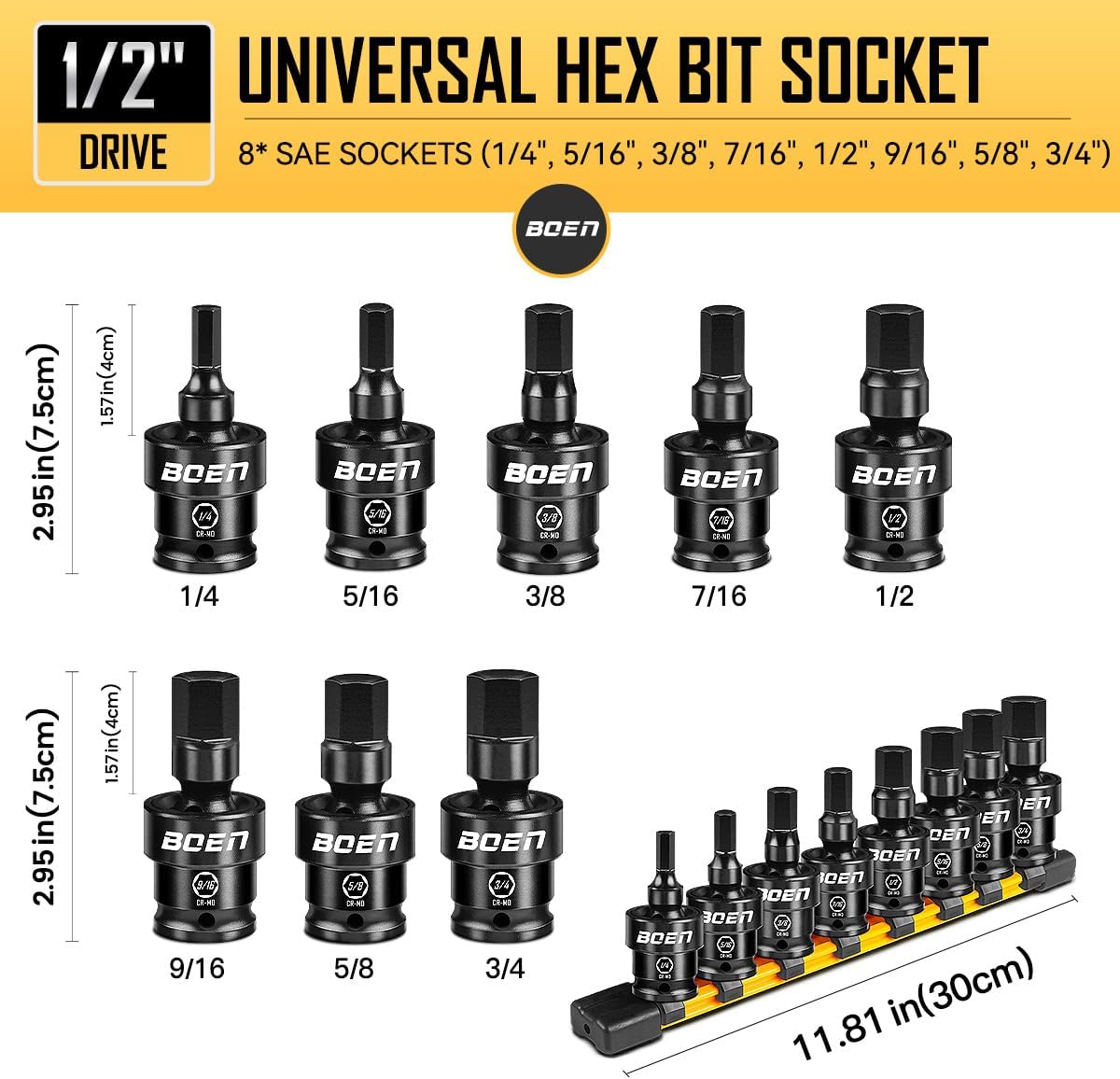 BOEN 8-Pieces Universal Hex Bit Driver Impact Socket, 1/2" Drive SAE Size (1/4", 5/16", 3/8", 7/16", 1/2", 9/16", 5/8" and 3/4") With Socket Rail, CR-MO Steel