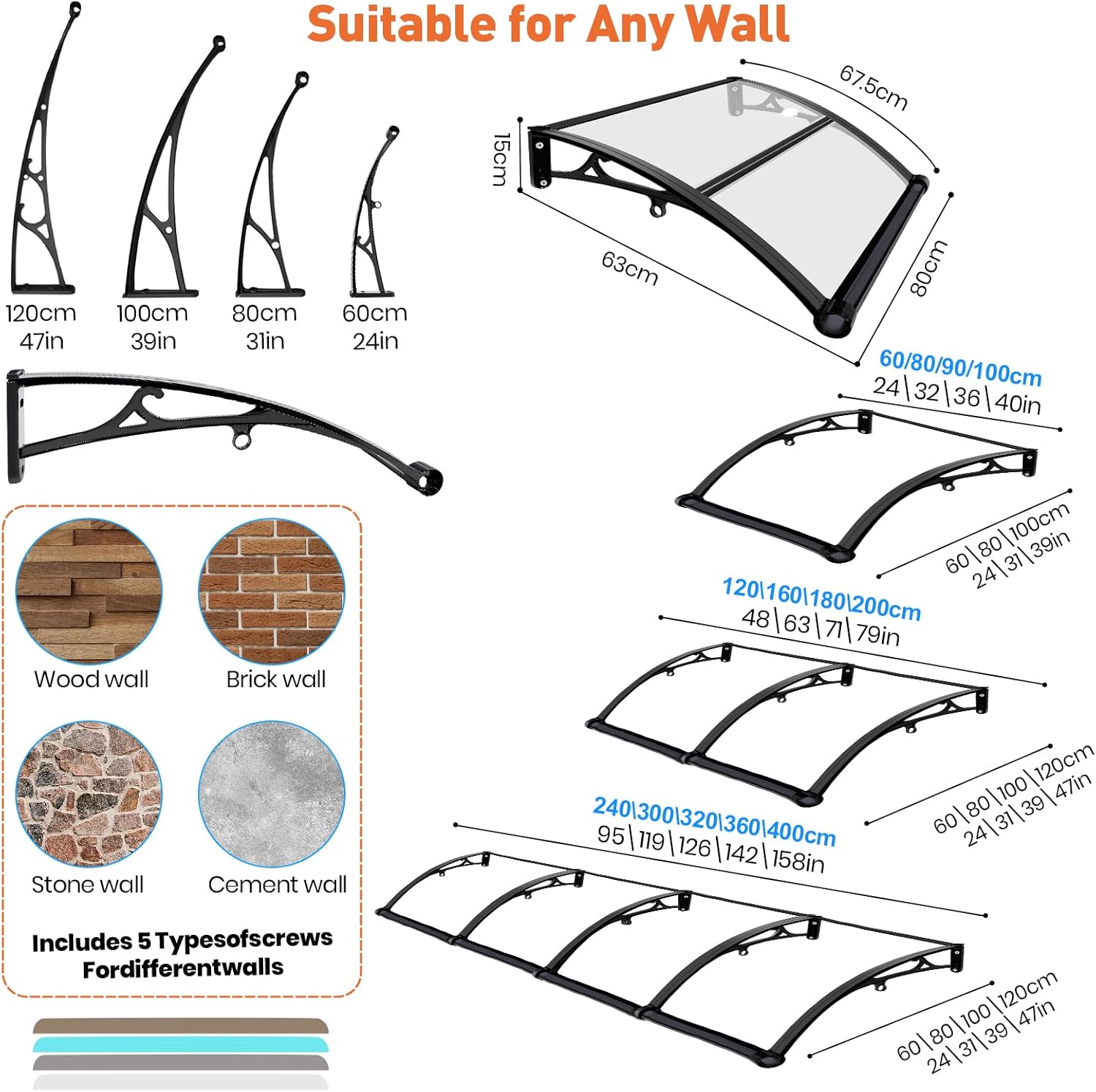 Window Awning Door Canopy,Door Awning with Built-in Drainage System - Uv/Rain/Snow Resistant Design - Rugged Outdoor Awning for House Porches, Patios and Decks 60x240cm/24x95in
