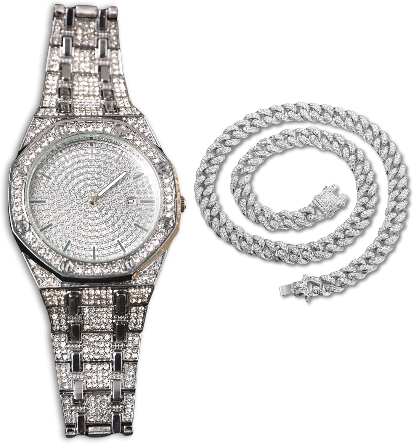 Gold Diamond Watch for Men - 41mm Octagonal Dial - 18K Real Gold/Platinum White Gold Plated 8.7" Strap - Japanese Quartz - Luxury Jewelry - Can Paired with Cuban Chain