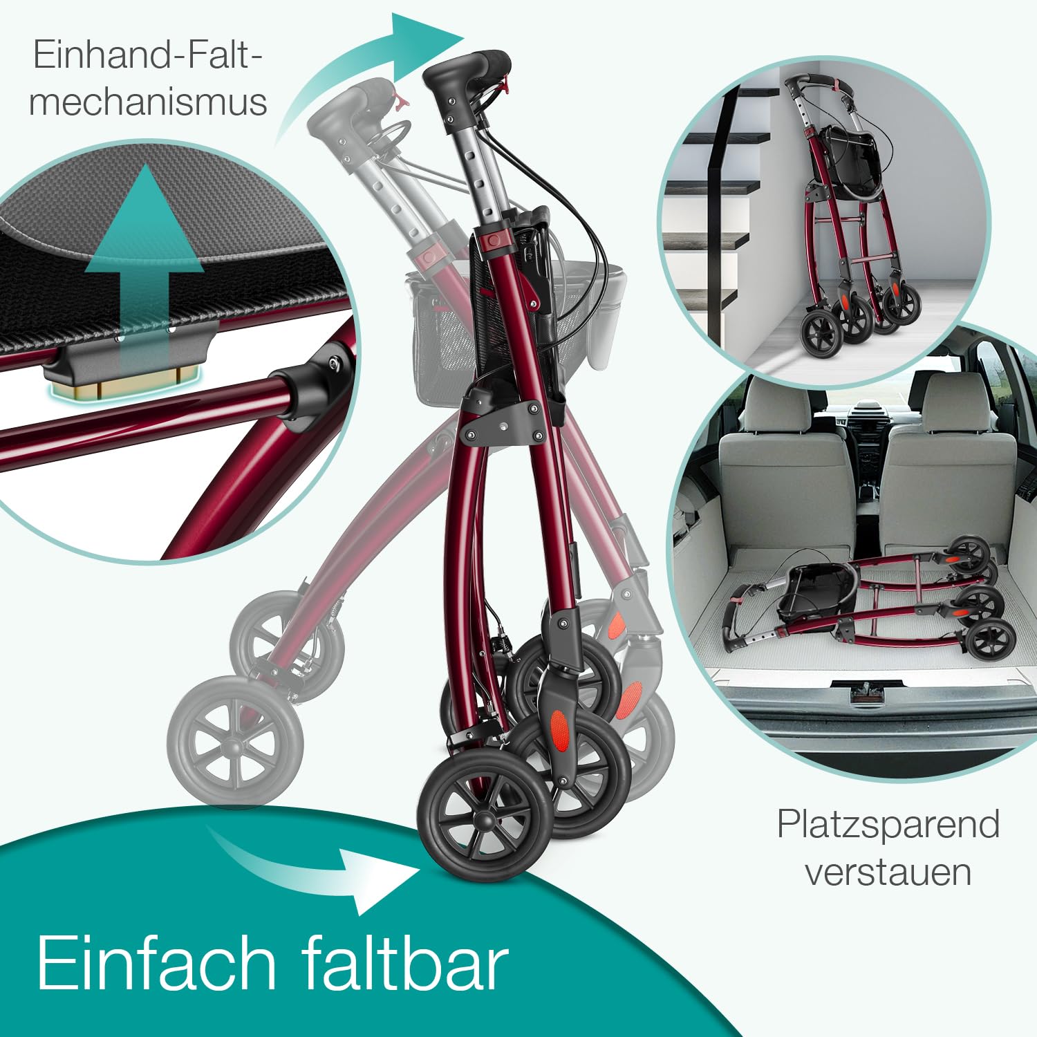 ELONEO Wohnungsrollator 54cm breit, faltbar und leicht, inkl. Tablett & Stoffkorb, Rollator schmal für die Wohnung, Indoor-Rollator, klappbar, Aluminium,Mobilität für Zuhause rot