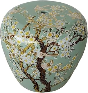 Taburete decorativo de cerámica pintado a mano con diseño de flores y pájaros, ideal para exteriores y sala de estar, color rosa y rojo intenso, elegante acento para el hogar