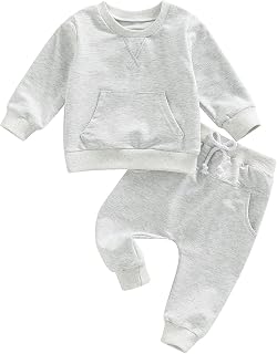 Toddler Baby Boy Girl Fall Winter Outfit Solid Crewneck Long Sleeve Sweatshirt and Sweatpants Sweatsuit Tracksuit Set