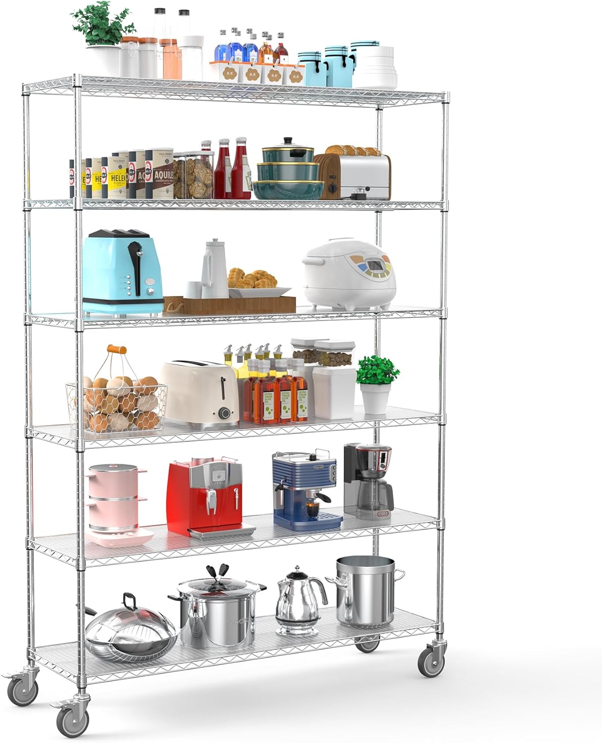 6 tier nsf wire shelf shelving unit, 18 x 60 x 87.5 in 6000lbs capacity heavy duty adjustable storage metal rack with wheels/leveling feet & shelf liners, ideal for garage, kitchen, and more - chrome