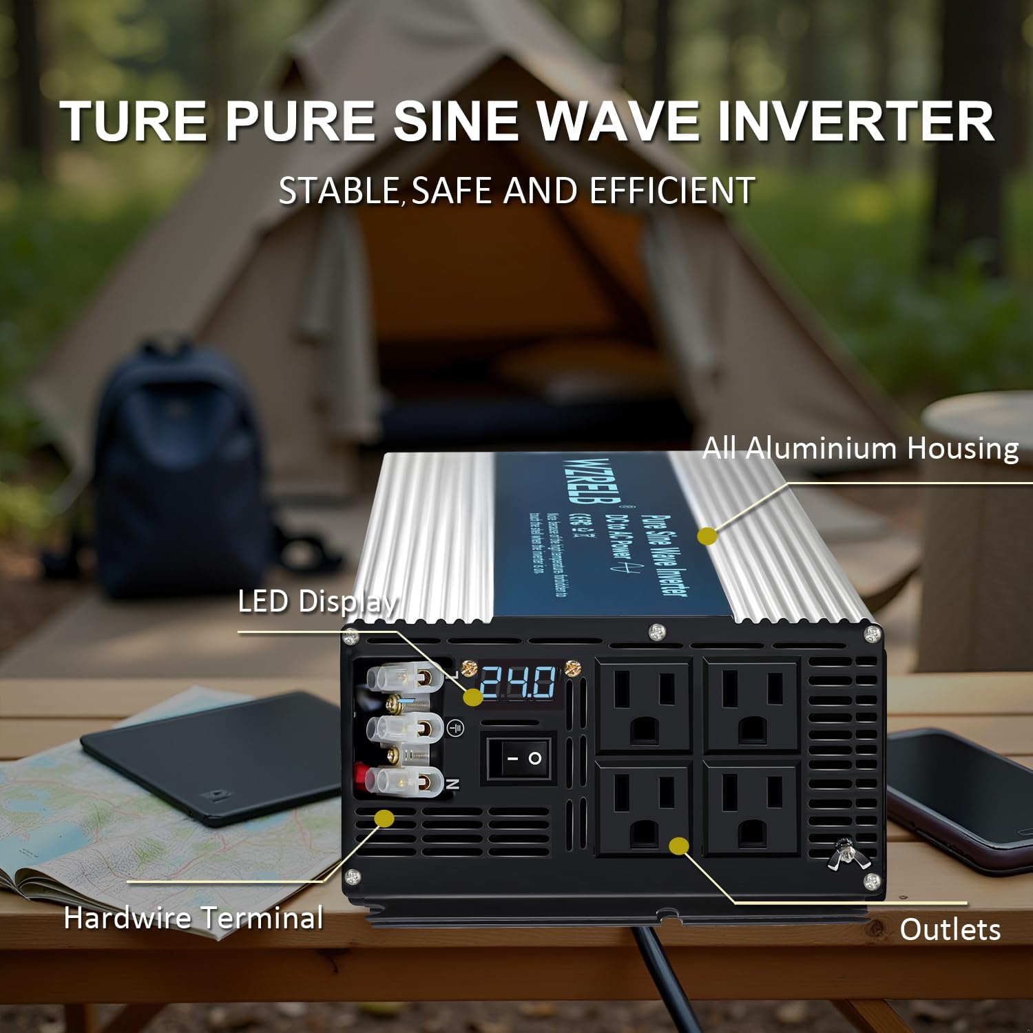 WZRELB 5000W Pure Sine Wave Inverter, Car Power Inverter 36V DC to 110V 120V AC Converter for RV, Truck, Solar, Outdoor with 4 AC Outlets, Hardwire Port, Surge 10000W, LED Display,Off-Grid