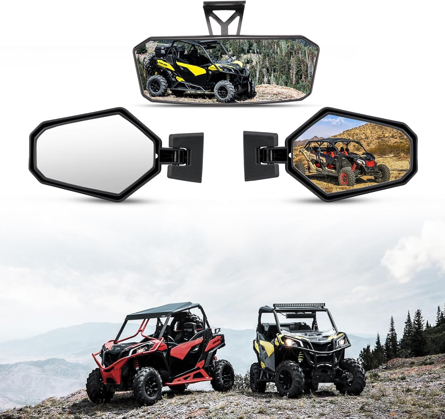 KIWI MASTER Center & Side Rear View Mirrors for 2021-2026 Can-Am Commander, 2018-2026 Can-Am Maverick Sport/Trail Accessories, OEM Replacement 715004924 715003639, Adjustable Folding Rearview Mirror