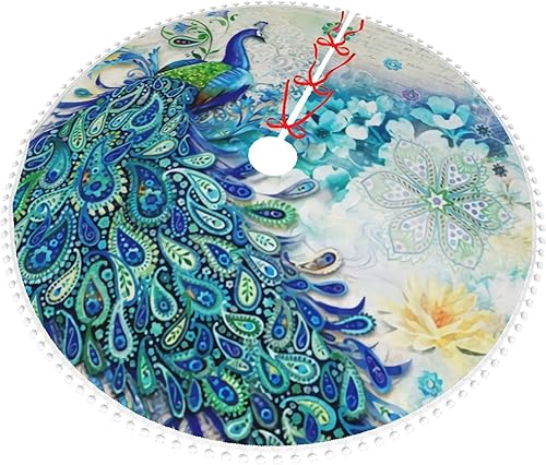 Miniatura 9 de Falda de árbol de Navidad, pavos reales y flores de 30 pulgadas, falda de árbol de Navidad de felpa, tapete de árbol de Papá Noel, fiesta, fiesta,