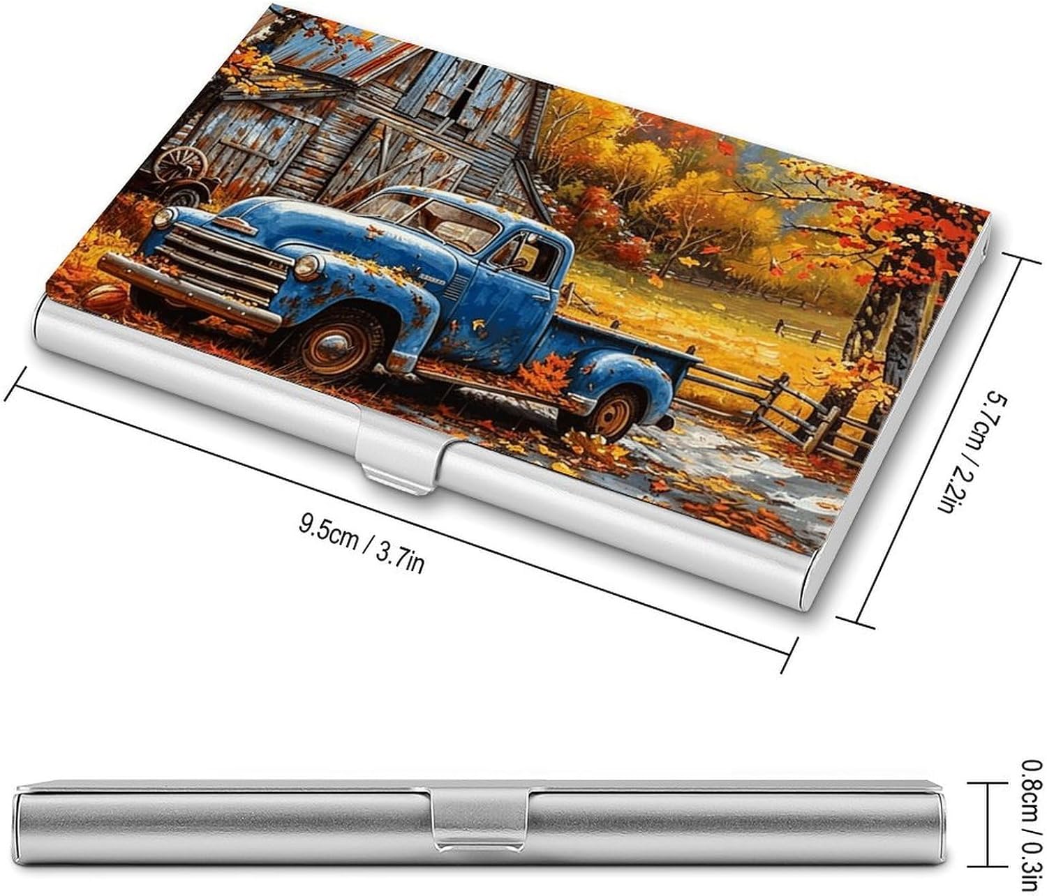 Autumn Old Truck Business Name Card Holder Case Aluminum Business Name Card Carrier Mental Credit Case Wallet Professional Stainless Steel Pocket for Men & Women,Buckle Style