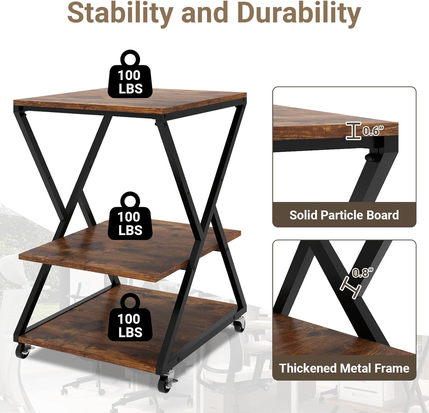 Natwind 3 Tier Printer Stand, 19.7''x19.7'' Large Printer Table with Height Adjustable Shelf, Rolling Printer Cart with Wheels,Multifunctional Organizer Shelf for Home Office Kitchen（Retro）