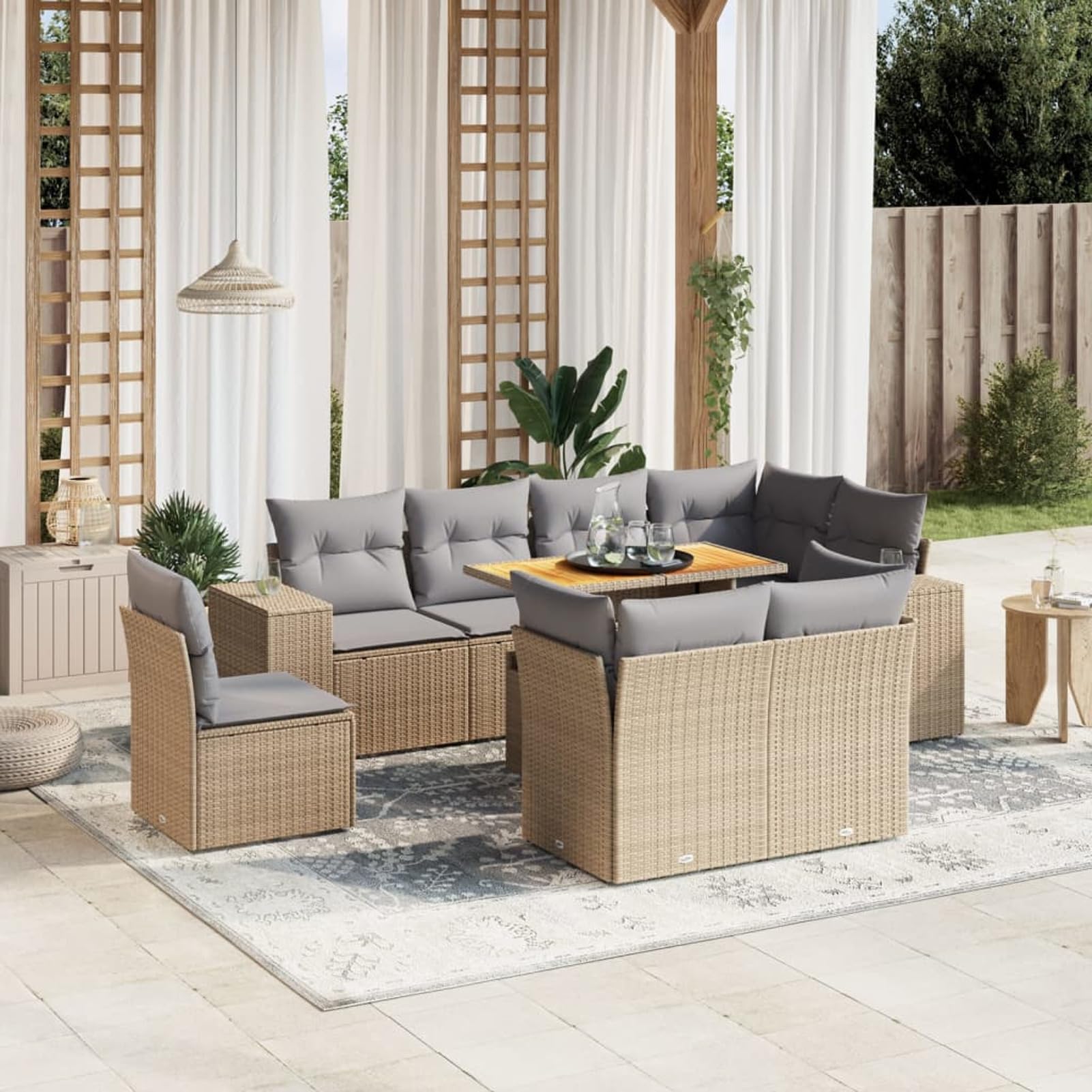 Set Divano da Giardino 9 pz con Cuscini Beige in Polyrattan,Set di Conversazione per Patio,Set Salotto da Esterno,Set Divano da Giardino Esterno-3272732
