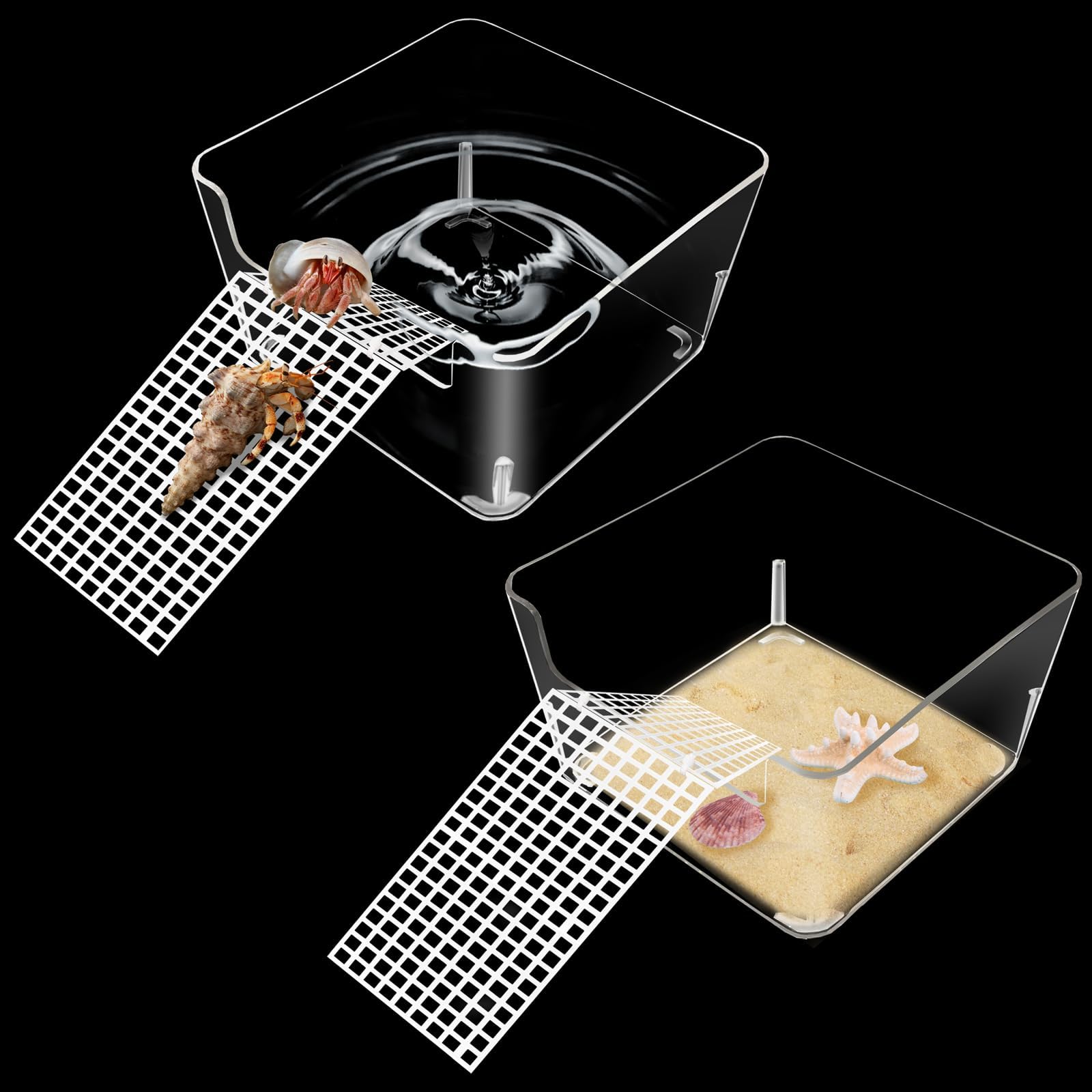 2 Pack Hermit Crab Water Tank, Cage Accessories With Climbing Ramp, Aquarium Salt Water Pool for Small or Medium Habitat Home Transparent