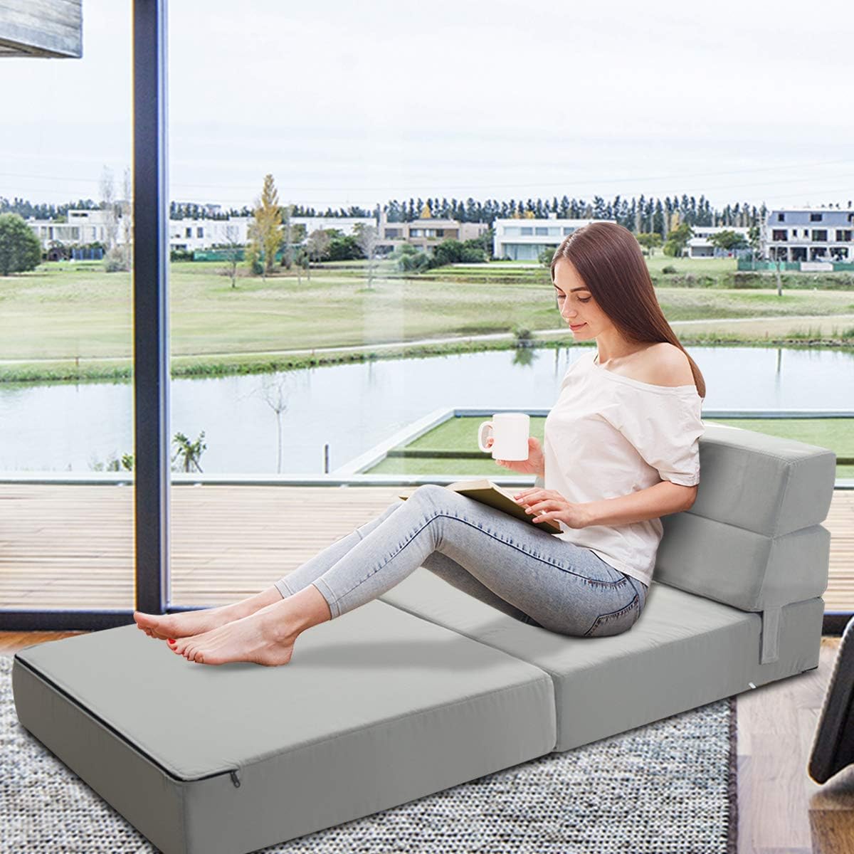 Giantex Convertible Sofa Bed, Floor Couch Sleeper, Folding Futon Guest Bed, Modern Chaise Lounge Upholstered Padded Cushion, Large Accent Chair Living Room Bedroom Gray