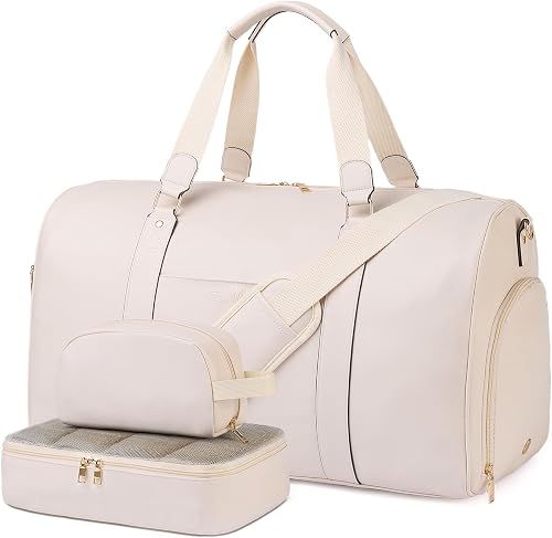 Weekender Bag for Women Men, Large Overnight Bag Faux Leather Travel Duffel Bag with Shoe Compartment Toiletry Packing Cube Carry On Bag Fit 21" Laptop 3Pcs Set, Beige, Medium, Fashion
