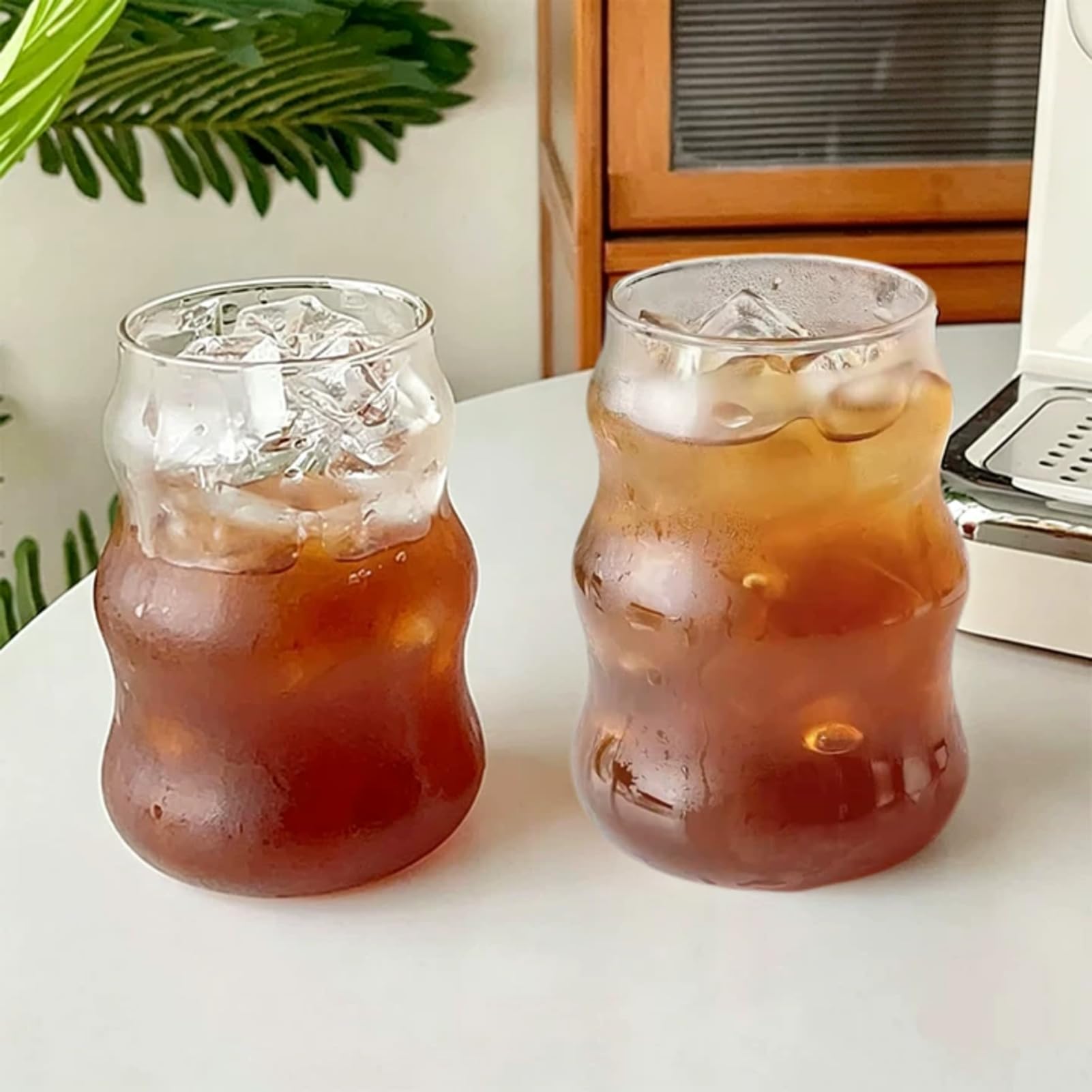 2PCS Ribbed Coffee Glasses, 530ML Iced Coffee Cup, Cloud Shaped Iced Coffees Glass Drinking Cups, Aesthetic Ribbed Matchas Glasses Cup Home Bar Accessories for Cold & Hot Drinks