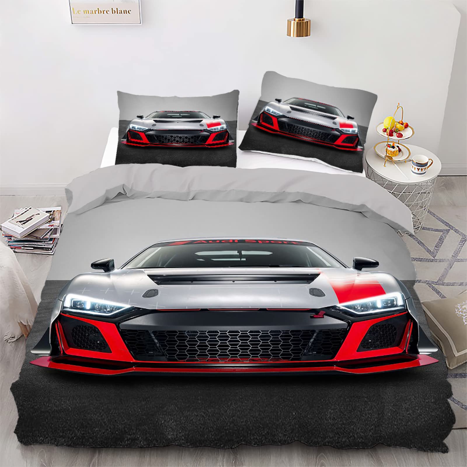 Parure de lit adulte 220x240 en microfibre 110g/㎡ gris argent motif voiture haute densité