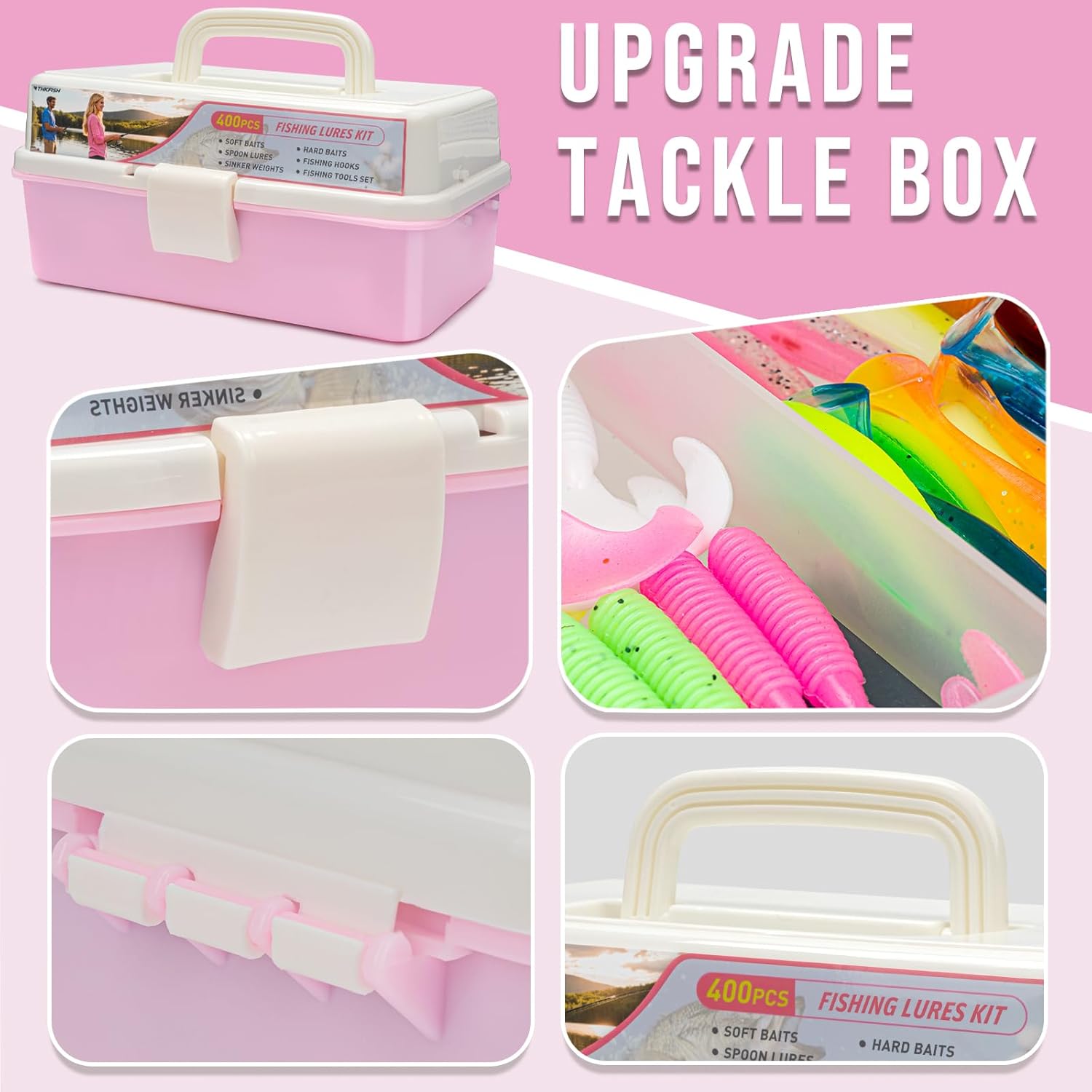 THKFISH 400PCS Fishing Lures Accessories Kit with Large 3-Layer Tackle Box Complete Freshwater Bass Fishing Gear Tools Set with Pliers, Fish Scale, Spinner bait, Hooks, Weights Sinkers, Gift for Women