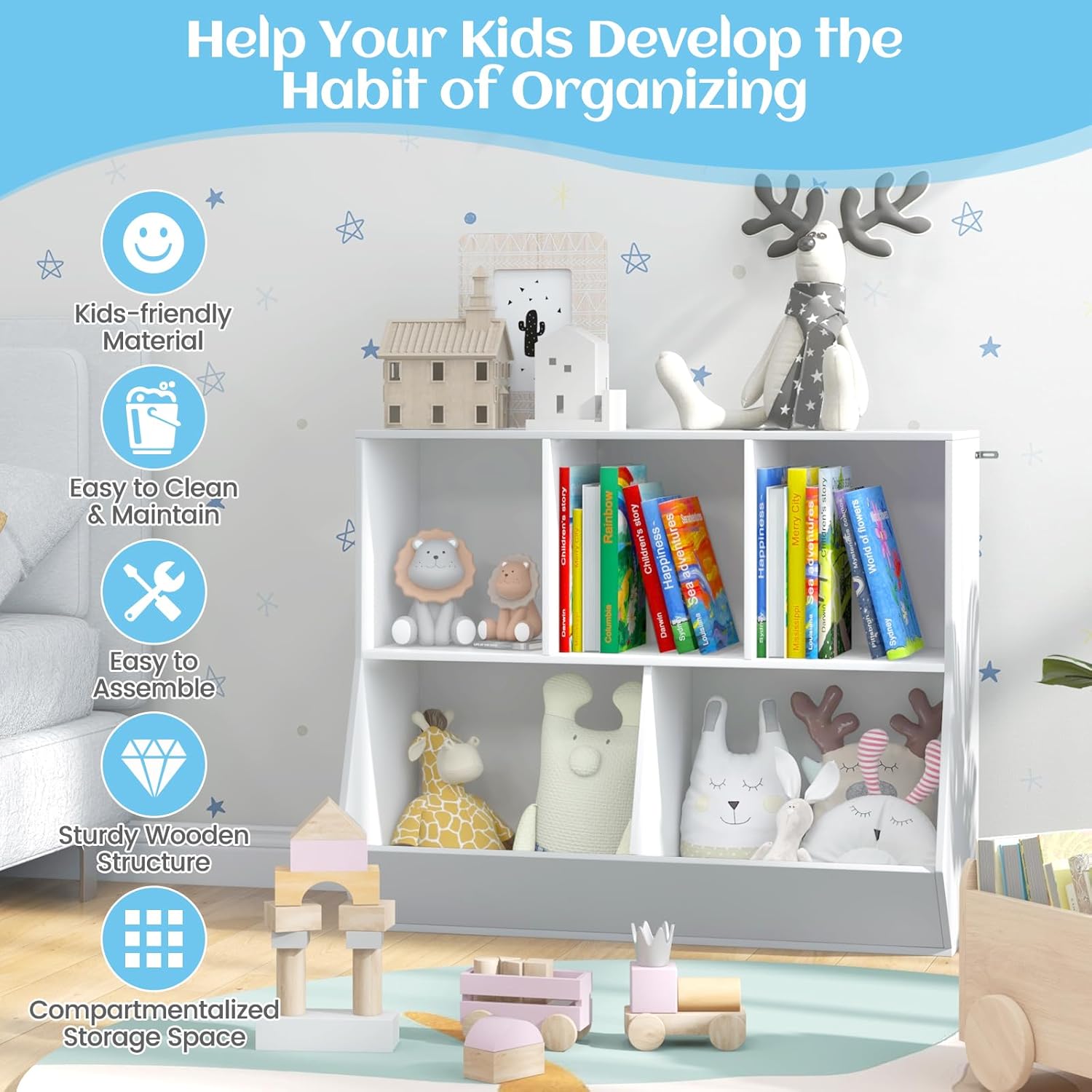 KOTEK 5-Cubby Toy Storage Organizer, Wooden Toy Storage Display Cabinet, Open Toy Shelf, Kids Bookshelf Bookcase for Playroom, Children's Room, Kindergarten, Nursery, Bedroom (White)