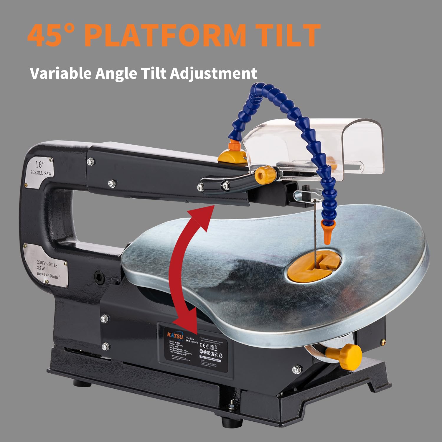 KATSU Tools Sega a Traforo 16 Pollici 85W con Tavolo di Lavoro Inclinabile a 45°, Cambio Lama Senza Attrezzi, per Lavorazione del Legno, Hobby, Artigianato e Fai-da-Te 100071