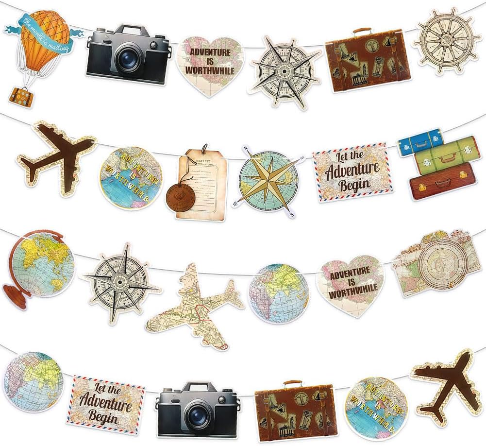 24Pcs Vintage Travel Banner, Retro Adventure Party Bunting Decorations, Globe Airplane Compass Hot Air Balloon Suitcase Camera, Wanderlust Theme Party Supplies for Birthday, Graduation, Farewell