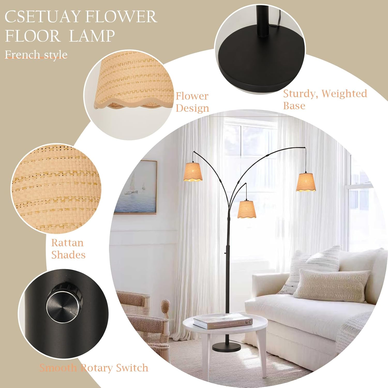 Boho Rattan Floor Lamp, 3-Lights Mid Century Tree Arc Standing Lamp with Flower Shades Adjustable Lamp Arm Black Finish for Dining Room, Living Room, Bedroom