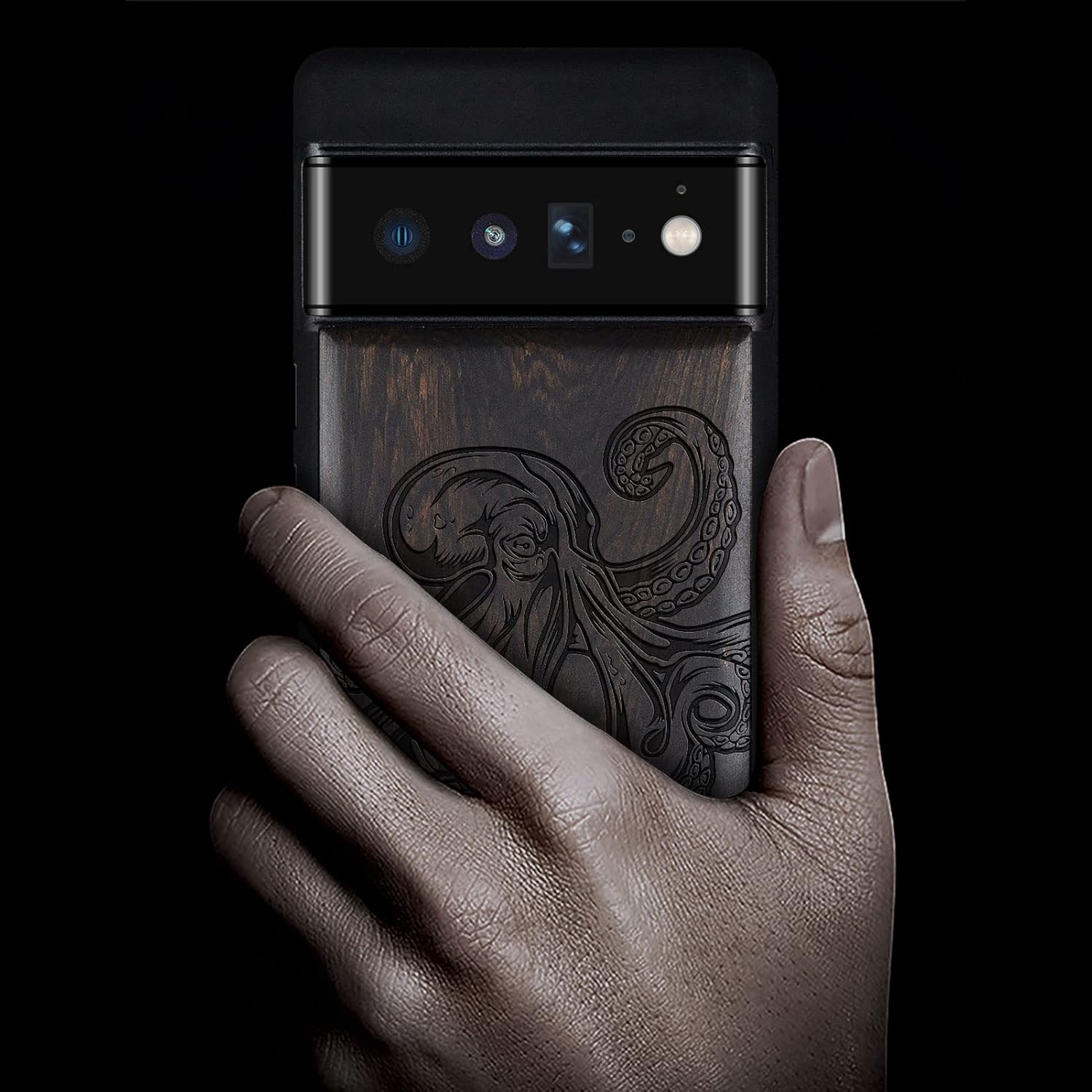 Carveit Wood Case for Pixel 6 Pro Case [[Natural Wood & Black Soft TPU] Shockproof Protective Unique Wooden Cover Compatible with Google Pixel 6 Pro (Octopus Drawing-Blackwood)