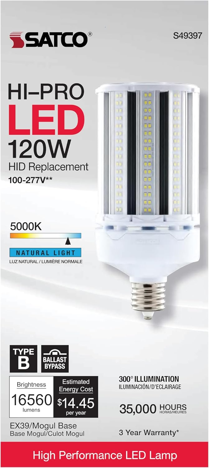 Satco S49397 120W LED HID Replacement Lamp, Economy Hi-Pro, Type B Ballast Bypass, 5000K Natural Light, 16560 Lumens, Clear, Mogul Extended Base, 120-277V, IP65, Damp, 600W HID Equivalent (2 Pack)