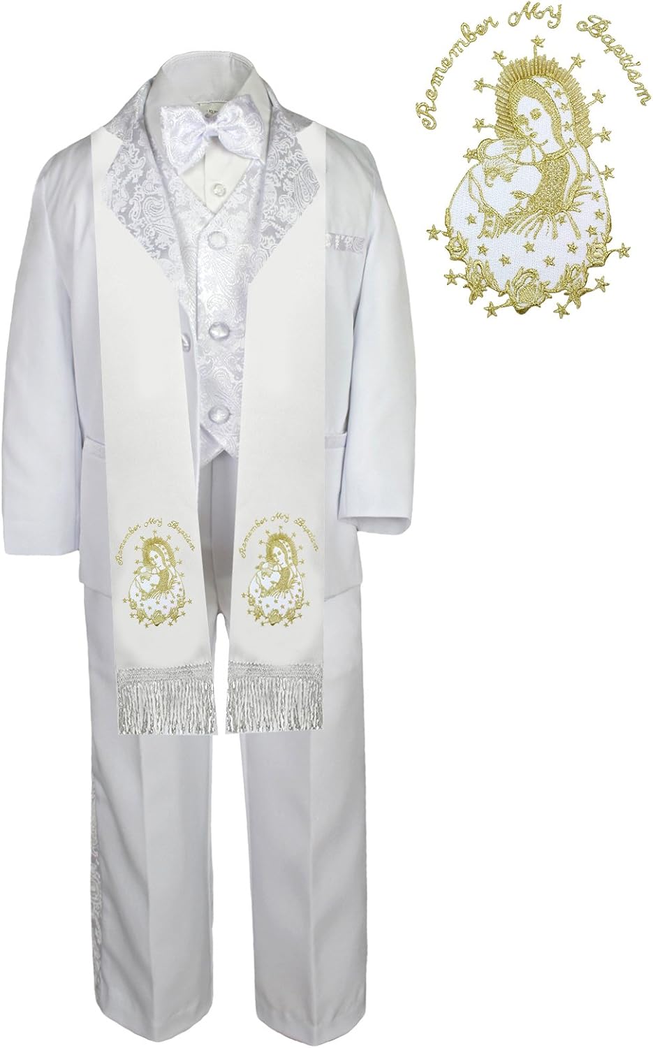 6pc Christening Baptism White Tuxedo English Plain Gold Pope Santa Maria Stole