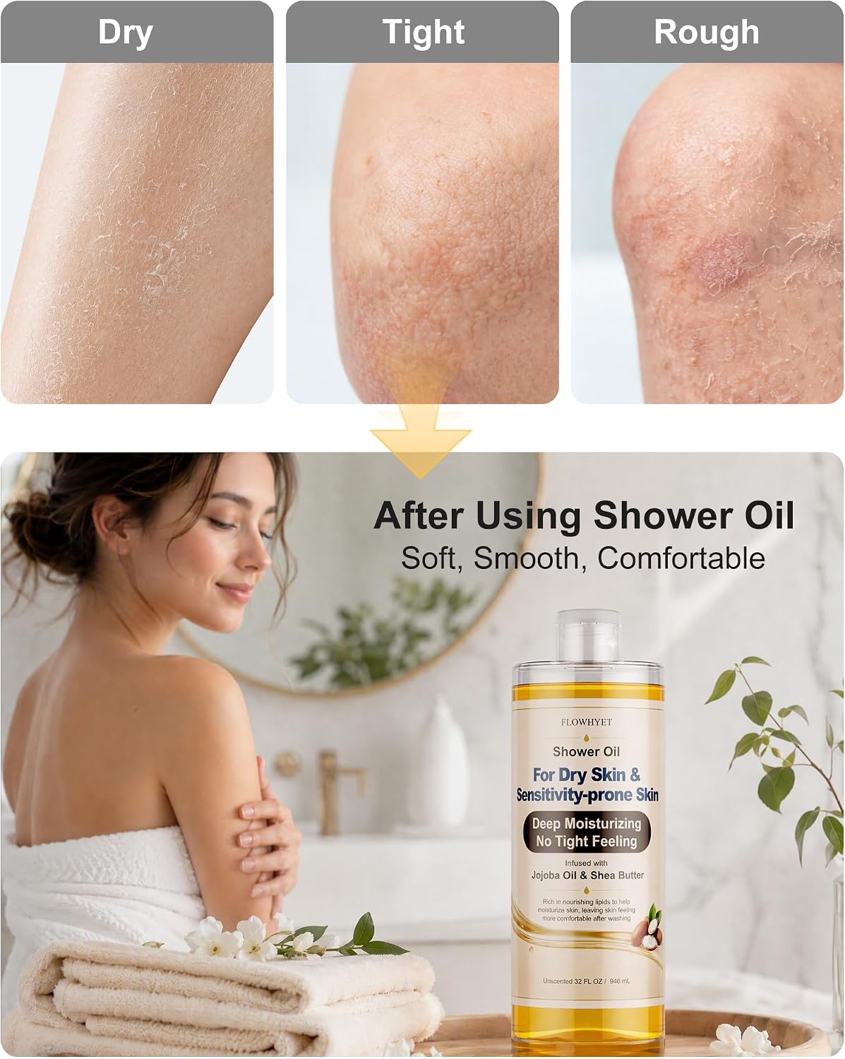 Shower Oil for Dry Skin, Bath Oil Sensitive Skin Friendly, Unscented 32 Oz