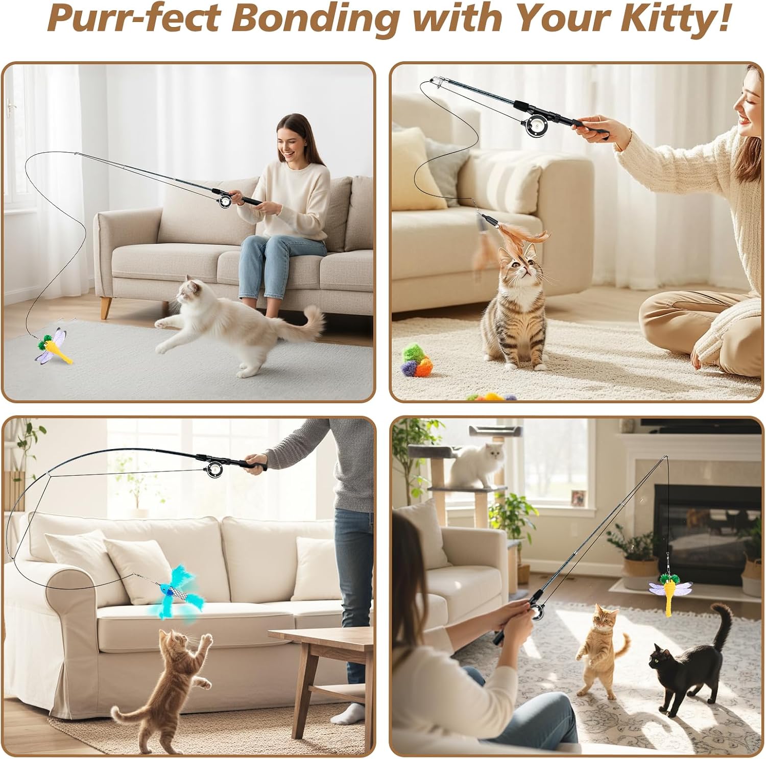 Pawaboo Cat Feather Toys, 4 Pack Interactive Cat Feather Teaser Wand Toys | Retractable Fishing Pole Wand Catcher Exerciser with Refill Fish, Dragonfly Worm with Bells, Fun Cat Kitten Kitty Playing Toy