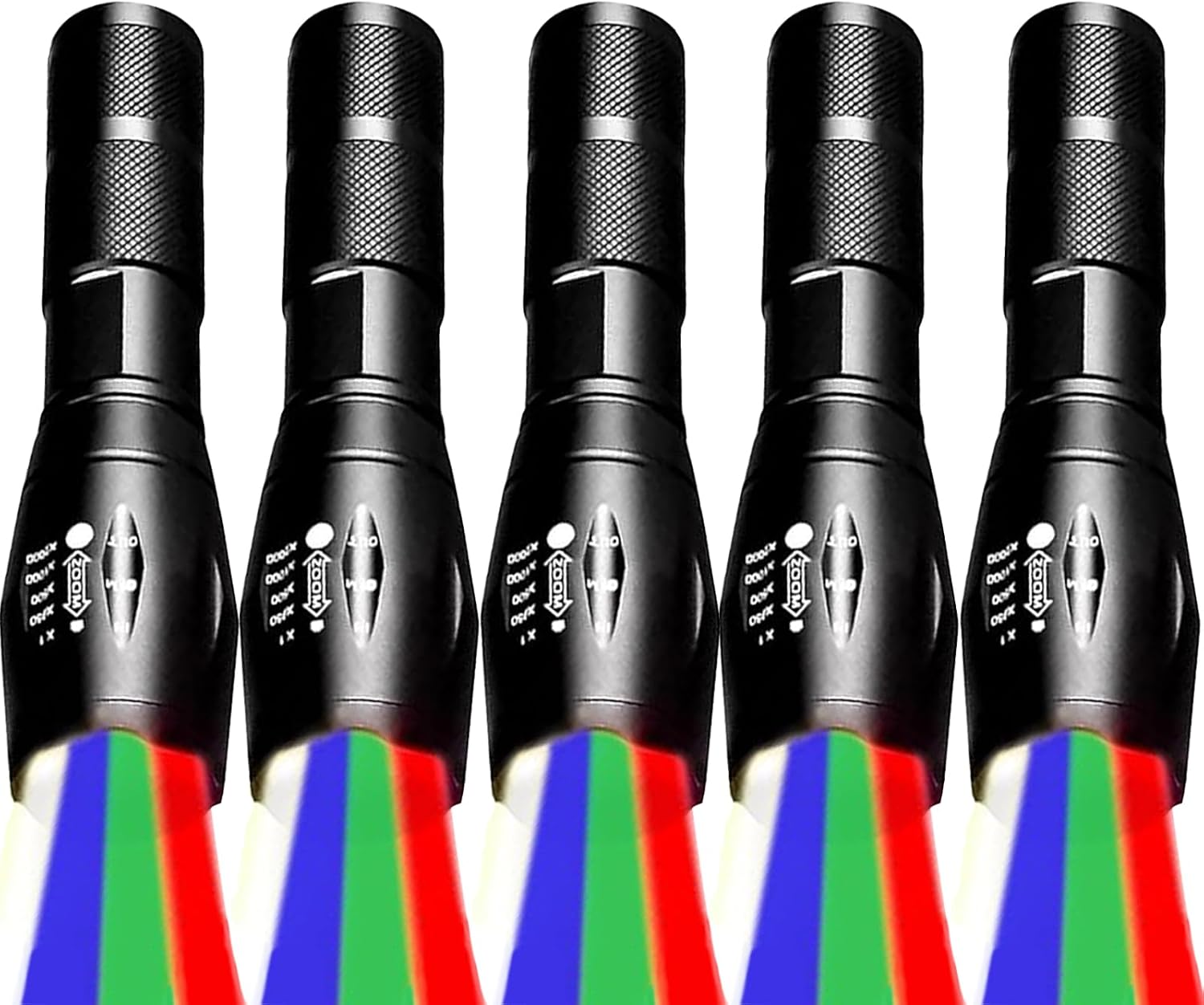MODOAO 5 Pack LED Flashlight RGB 4 in 1 Handheld Flashlight Powerful Rechargeable Battery Flashlight with Wristband for Camping, Emergency, Hiking