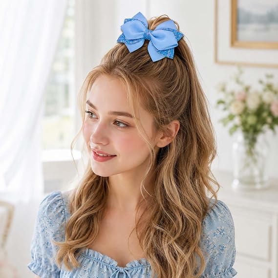 Sky Blue Glitter Hair Bows with Sequin Details - 2-Pack Double-Layer Alligator Clip Hair Accessories for Girls, Daily Wear, Parties, Photos, Dress-Up, School, Festive Gift