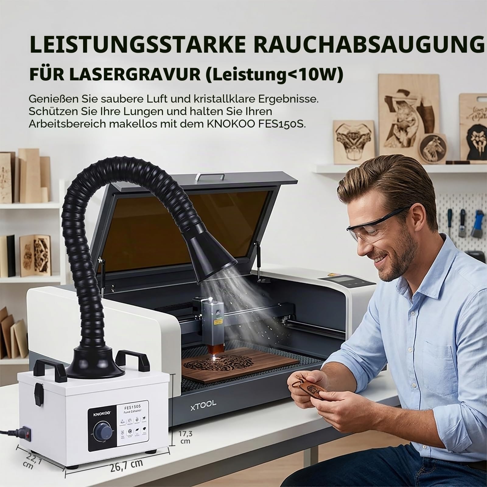 FES150S Lötzauchabsaugung, 200 m³/h, 100 W, starke Saugkraft, geräuscharm, 3-stufige Filtration, 99,97% Reinigung, für 5W Lasergravierer und Tischlöten, Elektronikreparatur Rauchabsorption（220V） | Für Werkstätten Lötbank und Lasergravur, 100 W, 200 m³/h (