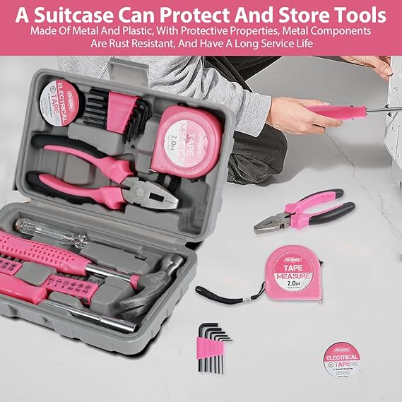 24 Pcs Home Repair Tool Kit General Household Hand Toolbox Set with Storage Case DIY Tools Hammer and Allen Key Set with Electrical Tape Screwdriver Test Pen Plier Bits for Men Women & Beginner