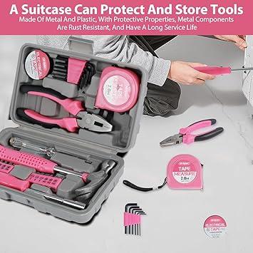 24 Pcs Home Repair Tool Kit General Household Hand Toolbox Set with Storage Case DIY Tools Hammer and Allen Key Set with Electrical Tape Screwdriver Test Pen Plier Bits for Men Women & Beginner