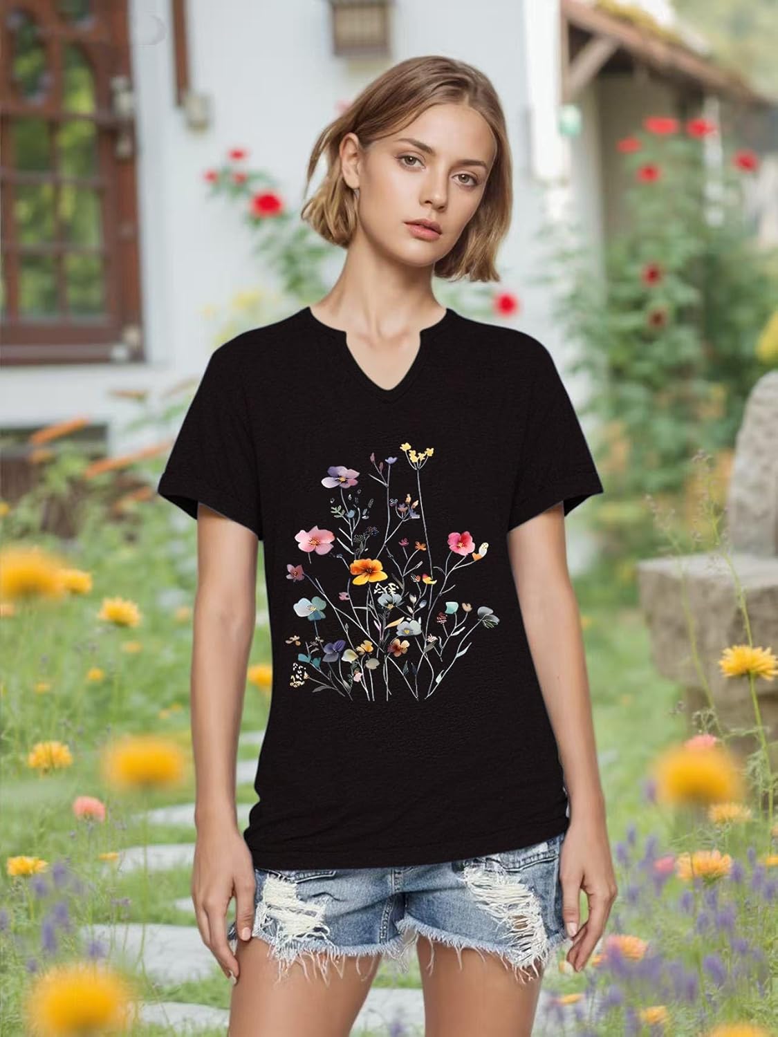 Women's T-Shirts Vintage Flowers V Neck Boho Floral Wildflowers Graphic Tee Casual Cottagecore Short Sleeve T Shirt - Image 3