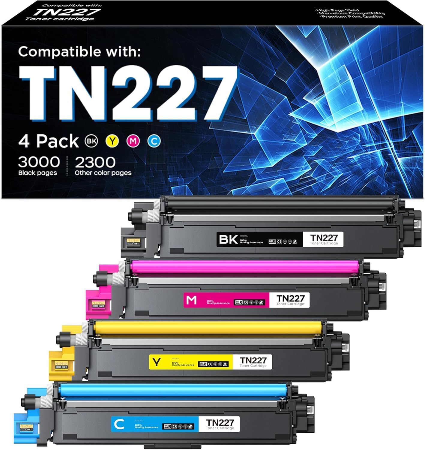 TN227 Toner Cartridge High Yield 4 Pack Compatible for Brother TN 227 TN-227 TN-227BK/C/M/Y TN223 Work for MFC-L3770CDW HL-L3270CDW MFC-L3710CDW HL-L3210CW HL-L3230CDW HL-L3290CDW Printer (BK/M/K/Y)