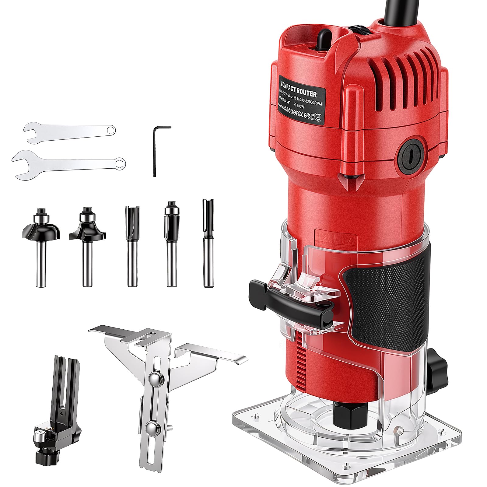 Outil de défonceuse à bois, 800 W compact pour le travail du bois, débroussailleuse électrique à 6 vitesses, 15 000 à 32 000 tr/min, pinces de 0,6 cm, 6 embouts, guides et capot anti-poussière