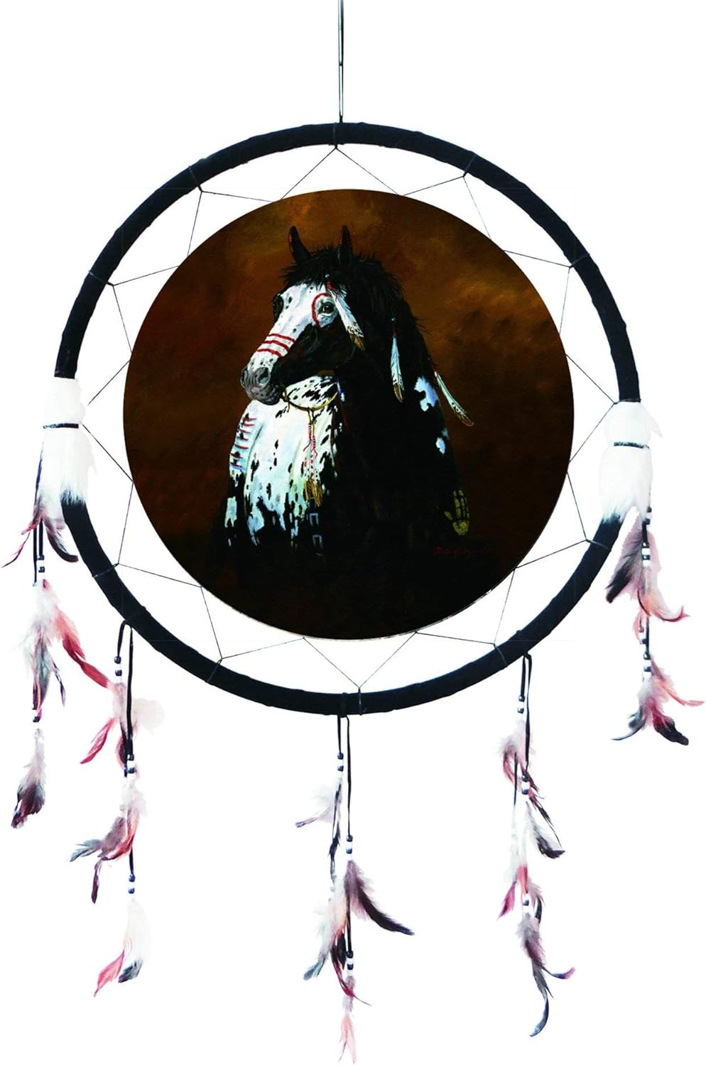 Kinnex Collections - 24” Medicine Shield Dream Catcher, Made with Wooden Beads and Real Feathers– DC24313– Decor/Gift (Horse)