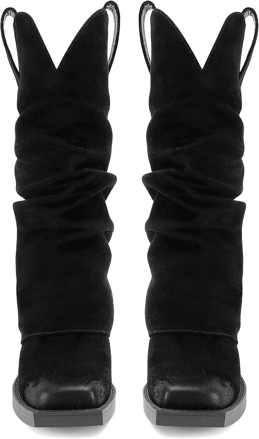 Suede Fold over Boots Square Toe Chunky Block Heel Mid Calf Boots Pull on Cowboy Cowgirl Western Slouchy Ankle Booties