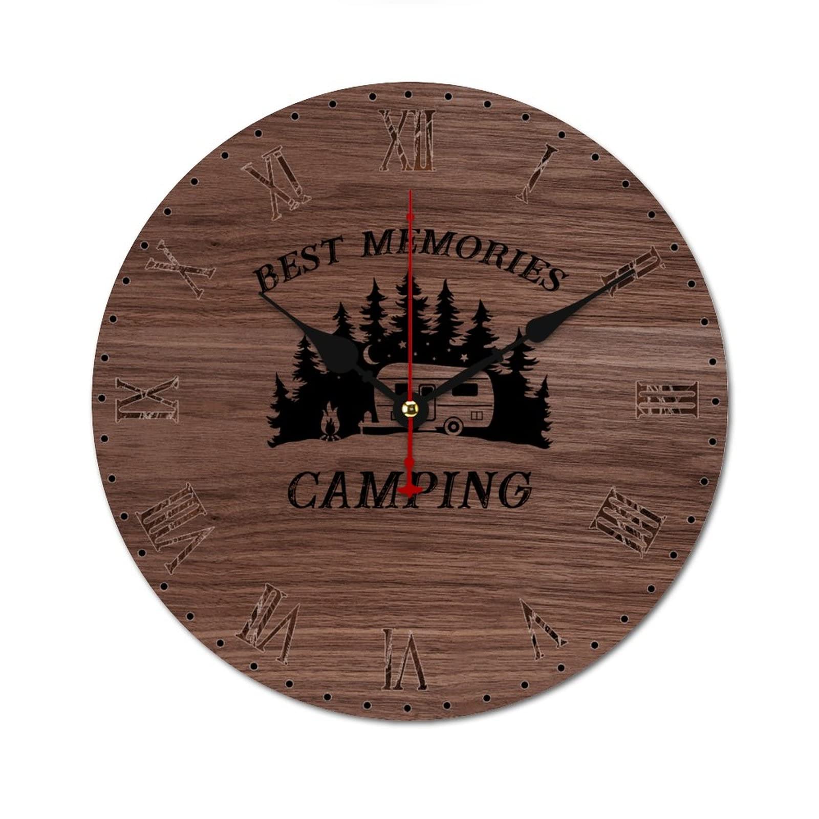 Horloge murale rustique camping décorative en bois vintage 38 cm