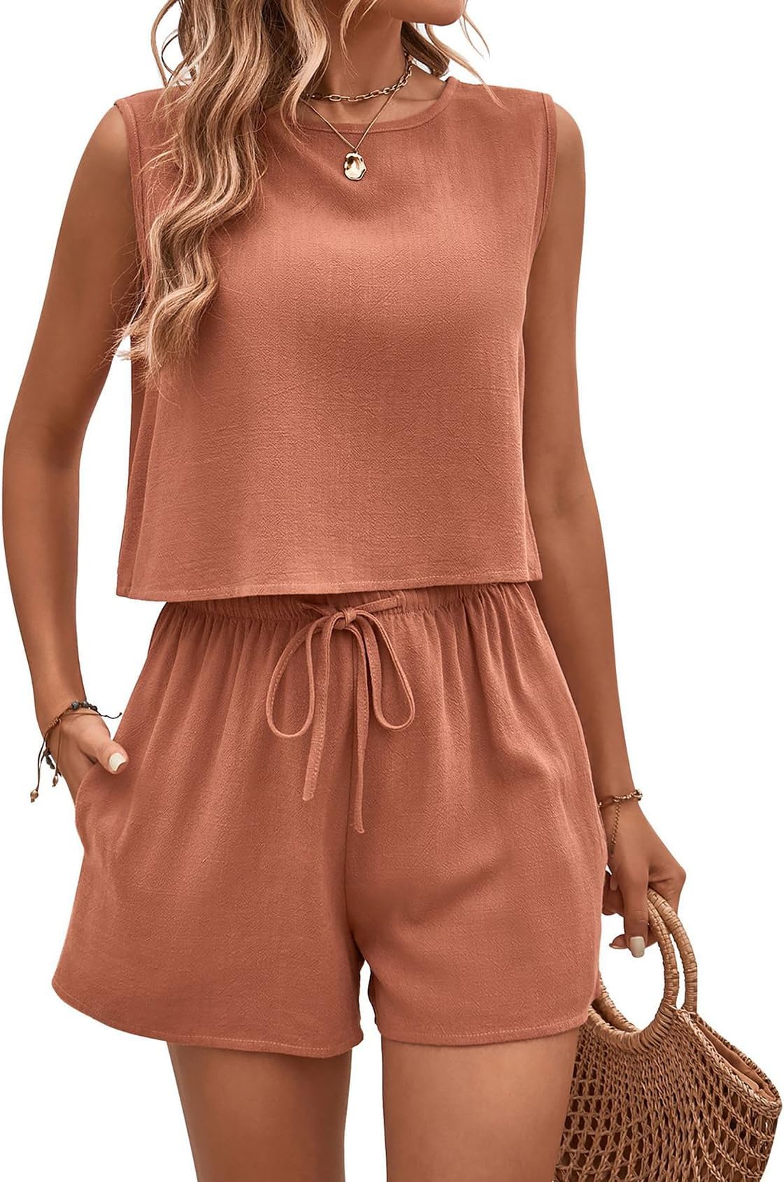 Wyeysyt Womens Summer 2 Piece Outfits Linen Shorts Sets Casual Button Back Crop Tank Tops and Shorts Lounge Sets with Pockets