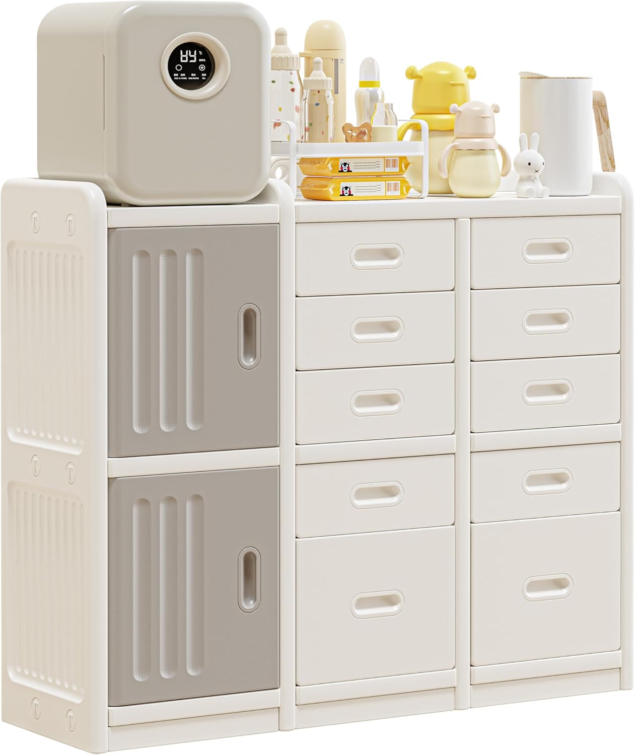 UNICOO Kids Toy Storage Organizer with Drawers and Side Cabinets, Compact Nursery Storage Cabinet with Multiple Compartments and Top Shelf for Toys, Books, Diapers and Baby Essentials