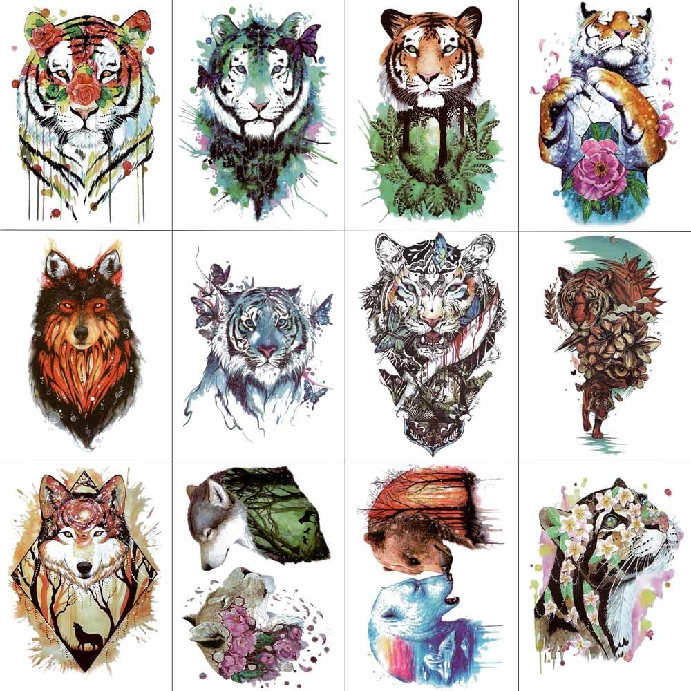 WYUEN 12 PCS/lot Wolf Temporary Tattoo Sticker for Women Men Fashion Body Art Adults Waterproof Hand Fake Tatoo 9.8X6cm FW12-01 (Tiger2)