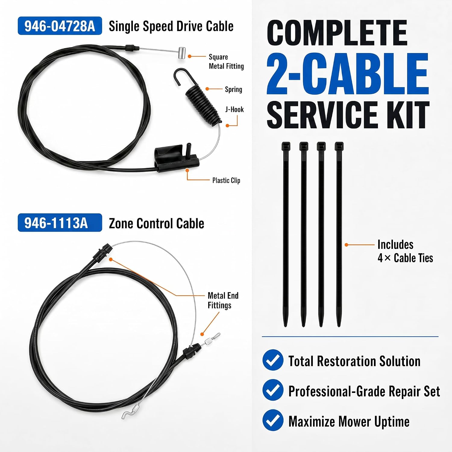 946-1113A & 946-04728A Lawn Mower Cable Kit: Zone Control & Single Speed Drive Cables for Troy-Bilt TB200 TB210 TB320 TB400 XP, Craftsman M210 M220 - Complete 2-Cable Repair Set Replacement