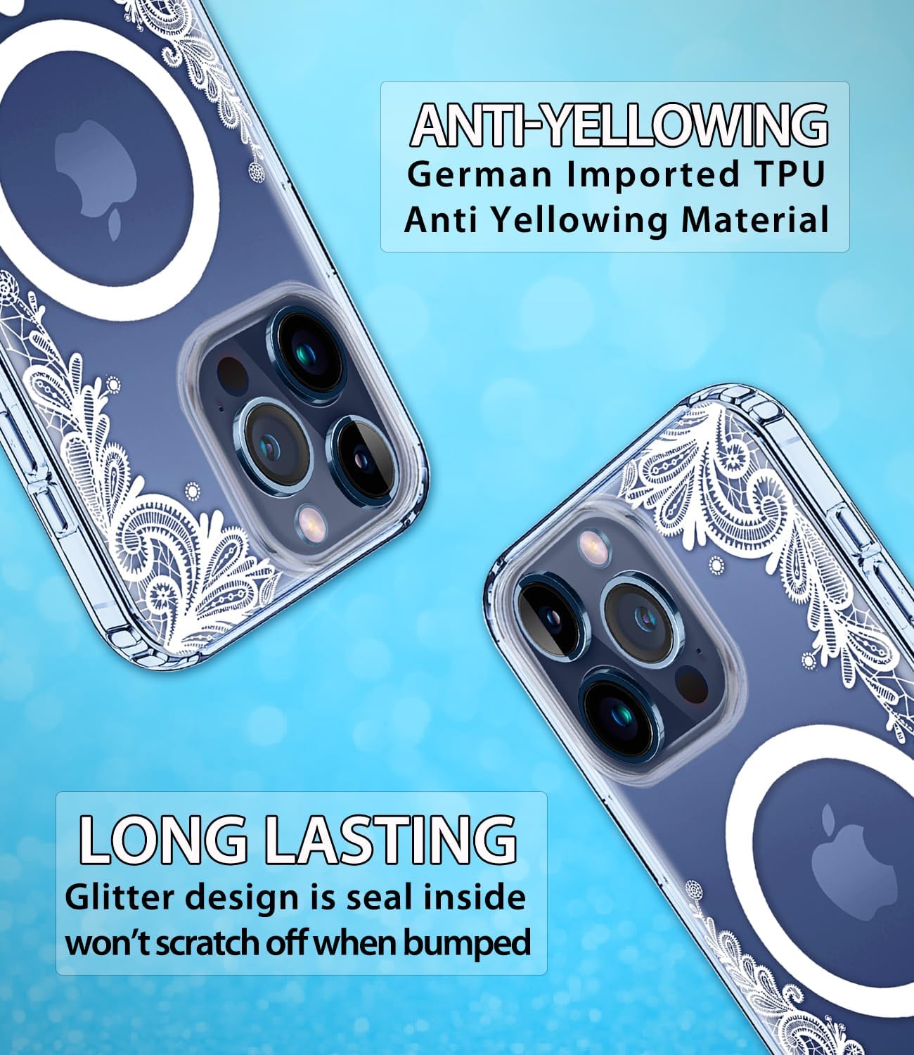 Compatible with MagSafe Clear Flower Magnetic for iPhone 15 Pro Case Floral, 6.1 inch, 6.6FT Military Grade Protection Anti Yellowing TPU Women Screen Protector Cute Mandala White Lace