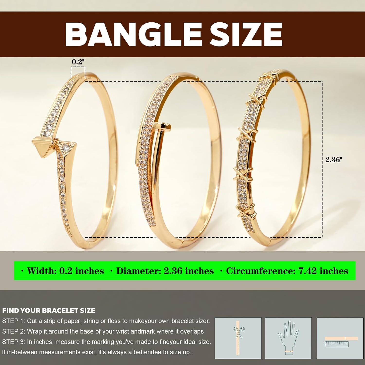 3PCS Gold Bangle Bracelet Set for Women, Rivet & X-Element Design, Copper Inlaid wi... - Image 3