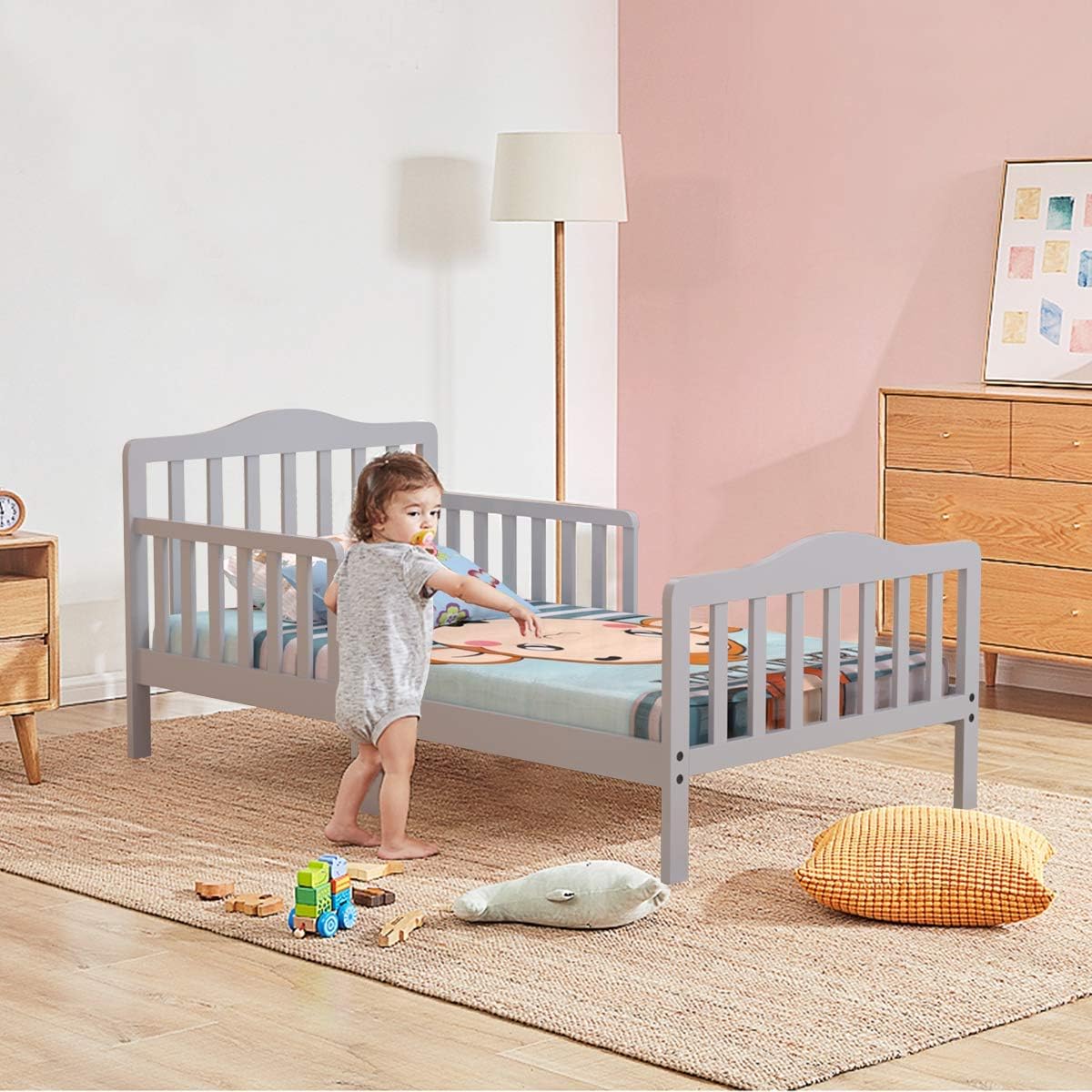 Costzon Toddler Bed, Classic Wood Kids Bed Frame w/Double Safety Guardrail, Low to Floor Design, Wooden Slat Support, Fits Full Size Crib Mattress, Bedroom Furniture for Boys & Girls (Gray)