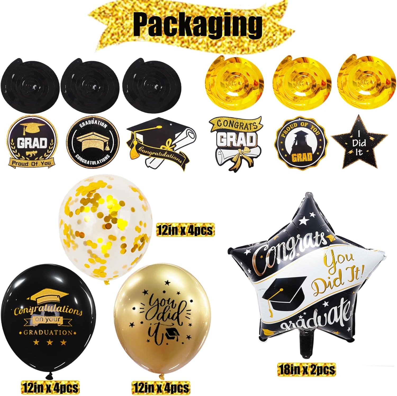Graduation Decorations Class of 2026, 12Pcs Black and Gold balloons with Swirl and Graduation Garland Congrats Grad 2026 Banner for College High School Party Supplies - Image 3