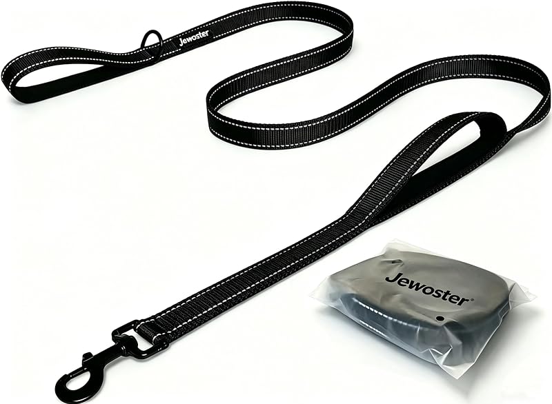 Guia de adestramento para cães JEWOSTER com 2 alças, nylon e gancho giratório, Preto, 1,83 m