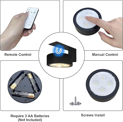 Miniatura 6 de Paquete de 3 luces magnéticas para pintura a pilas con 3 modos de iluminación, temporizador remoto y regulable, luz de exhibición artística para